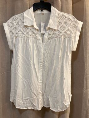 Maurices Cream Crochet Yoke Button Front Blouse